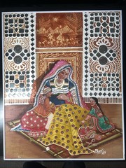 Indian Woman Sewing with Two Children Painting and Mirror by Bharti 1997