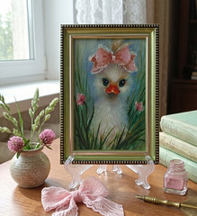 Duckling Original Oil Painting 4×6 Framed Signed Cute Baby Duck Pink Bow Art