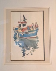 Vintage 1993 OOAK Watercolor Painting; Boat In The Harbor On Water;Matted,Framed