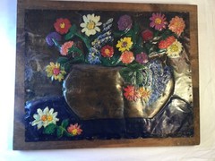 Hammered Copper Folk Art Flower Basket On Wood 15.5″x12″