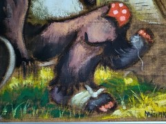 Signed Nancy M. Kurt Satiracal Clown Folk Art Painting Burlap Folk Art 32 X 36″