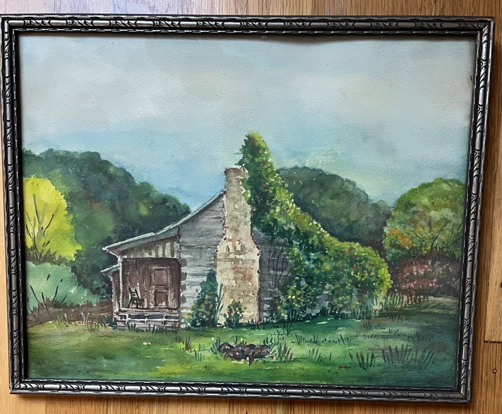 Antique Bucolic Signed Farm Cabin Watercolor Scene Original Silver Frame w/Glass