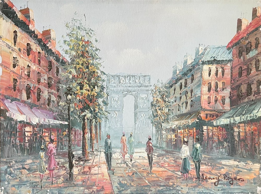 Vintage Henry Rogers Paris Street Scene Arc de Triomphe Oil Painting 12×16