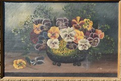 Old Still Life Painting on Canvas, ‚Bowl of Pansies‘ (JC288) chalice co