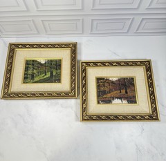 VTG Pair Signed Noel Oil Paintings on Board Forest Landscapes Gold Frames Ornate
