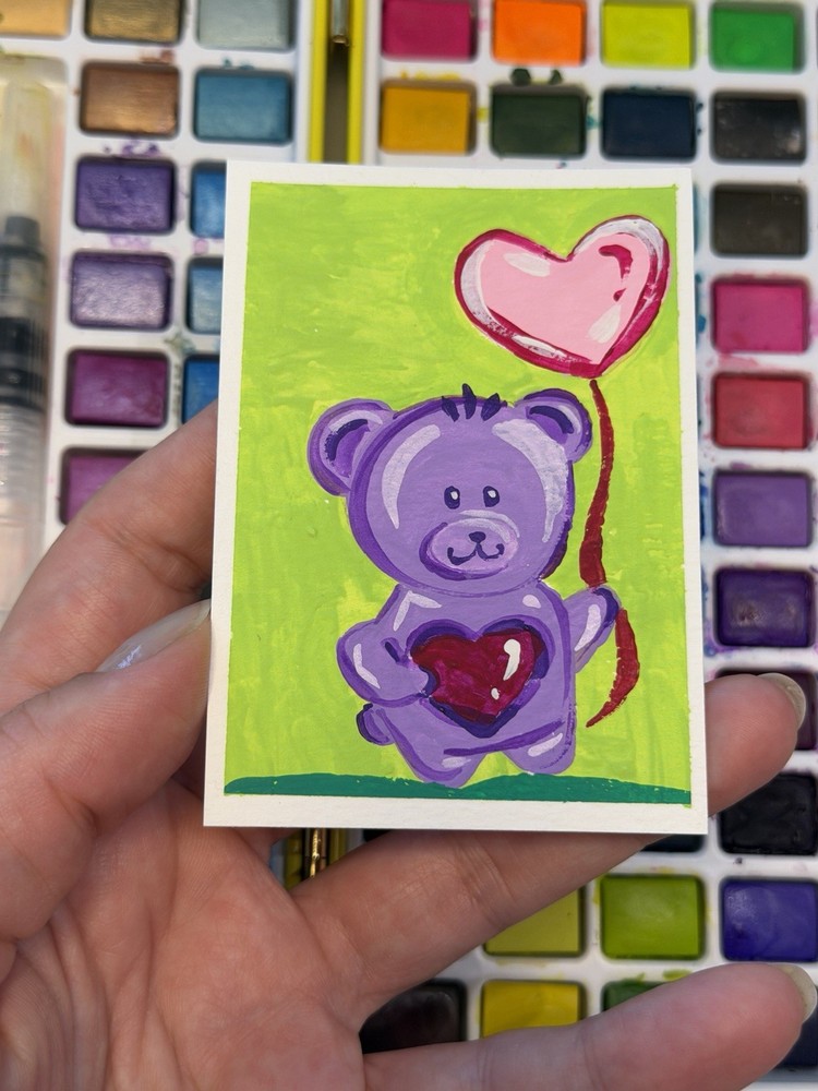ACEO Original Gouache Painting 2.5×3.5in – Bear And A Heart Balloon – Mini Art