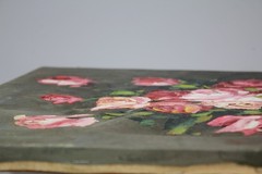 Vintage Original Oil Painting on Canvas Pink Roses in a Blue Vase 16×20” Vintage