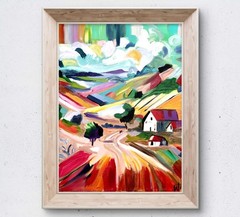 WS original farm road hand painted 12X16 canvas acrylic abstract modern fine art