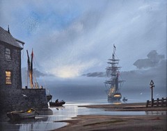 Les Spence Maritime a Galleon in Port Near Whitby a Nocturn Oil Painting c1990s
