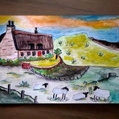 Ireland Thatched Cottage Painting Irish Sheep Art Countryside Landscape Artwork