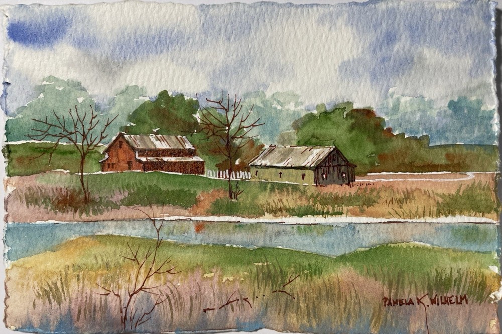 4X6” Pamela Wilhelm Original Watercolor With Barn Farm Shed Trees On Pond