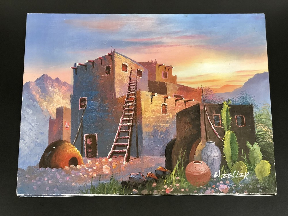 90’s 12×16 Signed Oil Painting ‚W. Zeller‘ Southwest/Adobe Houses Cactus Sunset