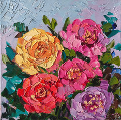 Original Art Oil Painting Pink Peonies Flowers Artwork on Canvas 30x30cm