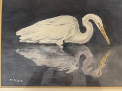 Vtg EGRET IN LAKE Framed Watercolor Painting Artist M Fielder Water Bird 16”x20”