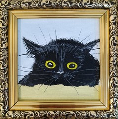 ORIGINAL Oil Painting Black cat Animals Pet Miniature Contemporary Wall art