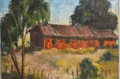 Vintage Helen Hafer The Old Red Barn 1965 Oil Canvas Original CA Art Signed