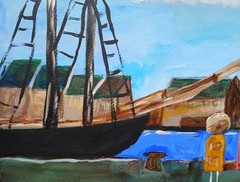Impressionism Seaport Landing 11X14 Handmade Signed Colorful Art Painting