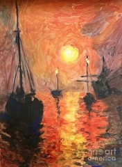new hand made Painting on 12″*15″canvas BOATS ON SUNSET SEA by Wendy
