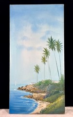 Oil Painting Canvas SEASCAPE Ocean Beach Palms, 12”x 24” signed By NIELSON