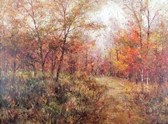 Original Oil Painting on Canvas, Unknown Signed, Autumn Forest Lake Landscape