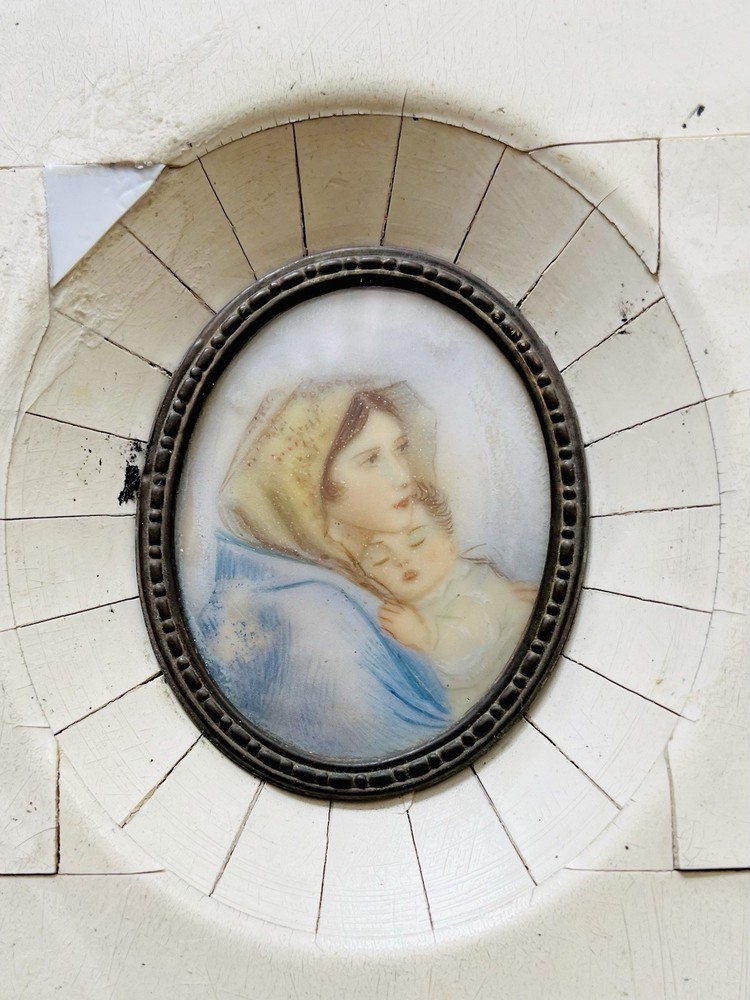 Antique 1874 Italian Bone Miniature Painting Madonna & Child Hand Painted