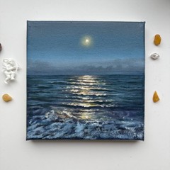 Moonlight Ocean Painting Small Canvas original signed night sky seascape waves