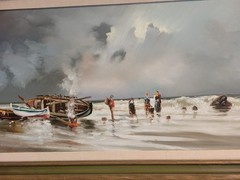 Antique Framed Boats & FIGURES On SHORE OIL PAINTING Signed J. MONLLOR 21 X 37″