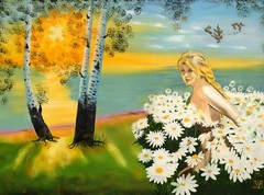 Art, Painting, „White Birch with in Chamomile“ Giclee on Canvas 22′ x 30″ Berzon