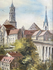 Oil painting undetermined sign church view on Rottweil Wilhelm Rahn rare