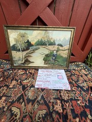 Antique Early American Oil, Painting, Us Navy Boy In Uniform Landscape Original