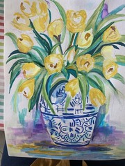 Original Acrylic Canvas 9 X 12 Yellow Flowers In Blue And White Vase