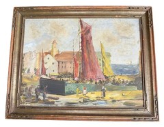 marine oil painting on Wood depicting a nautical city port scene 18th Century