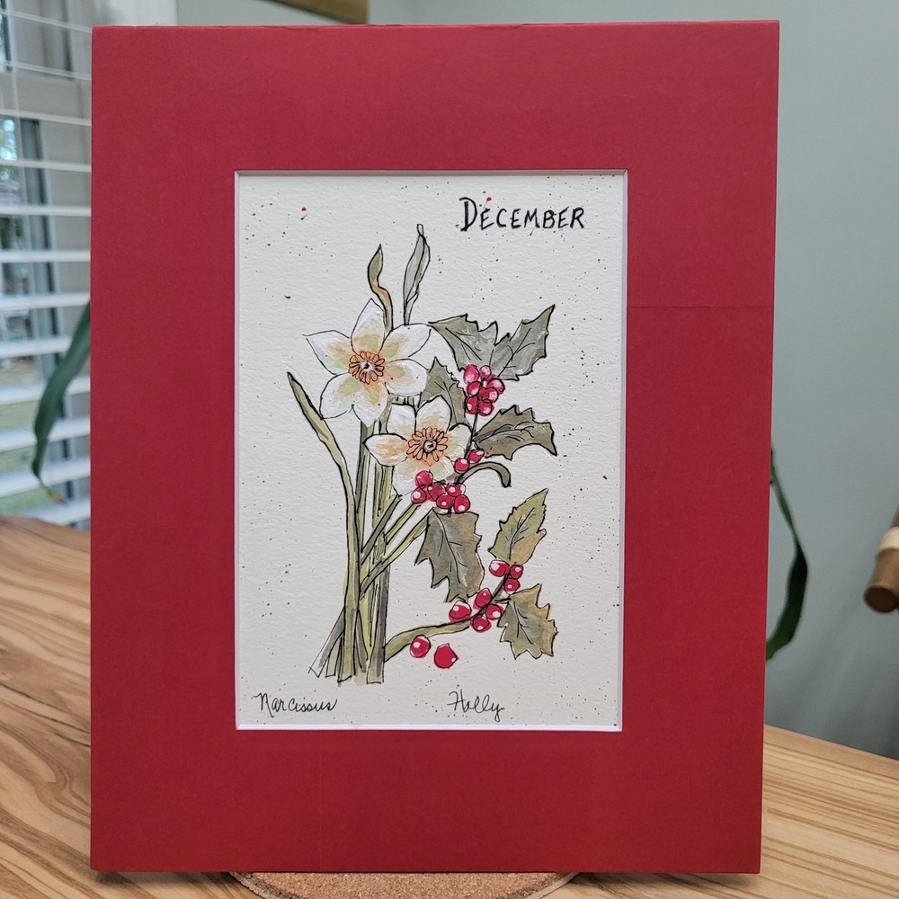 Original Watercolor Christmas Holly Narcissus Painting Art 8 x 10 Mat