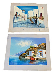 2 Greece Mediterranean sea town Oil Painting handmade on unstreched canvas