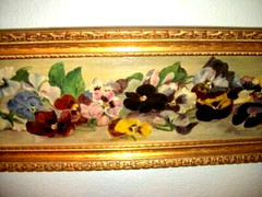 Victorian Yard Long Oil Painting Pansies 1892 Signed Germany Gilt Wood Frame