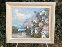K DOMINGO Original 1970s VINTAGE AMALFI COAST BEACH SEASCAPE MODERN OIL & Canvas