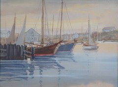 Mid Century Realist Signed Watercolor Painting Sailboats Harbour Marina Nautical