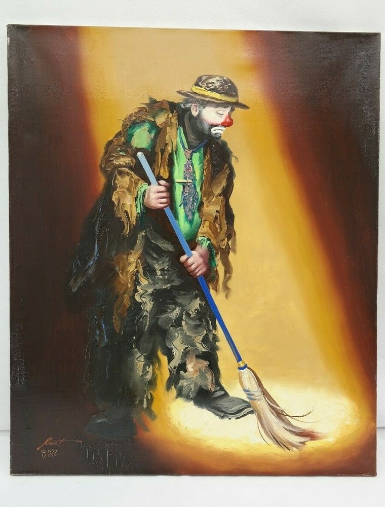 Clown Painting Rusty Rust EMMETT KELLY Oil Canvas 1983 1/250 24″ x 20″ Sweeping