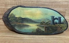 Live Edge Wood Slab Painting French Castle Lake Bridge Landscape 15” Vintage