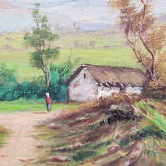 Vintage European Oil Painting Landscape Cottage Mountain 22×18 Framed Original
