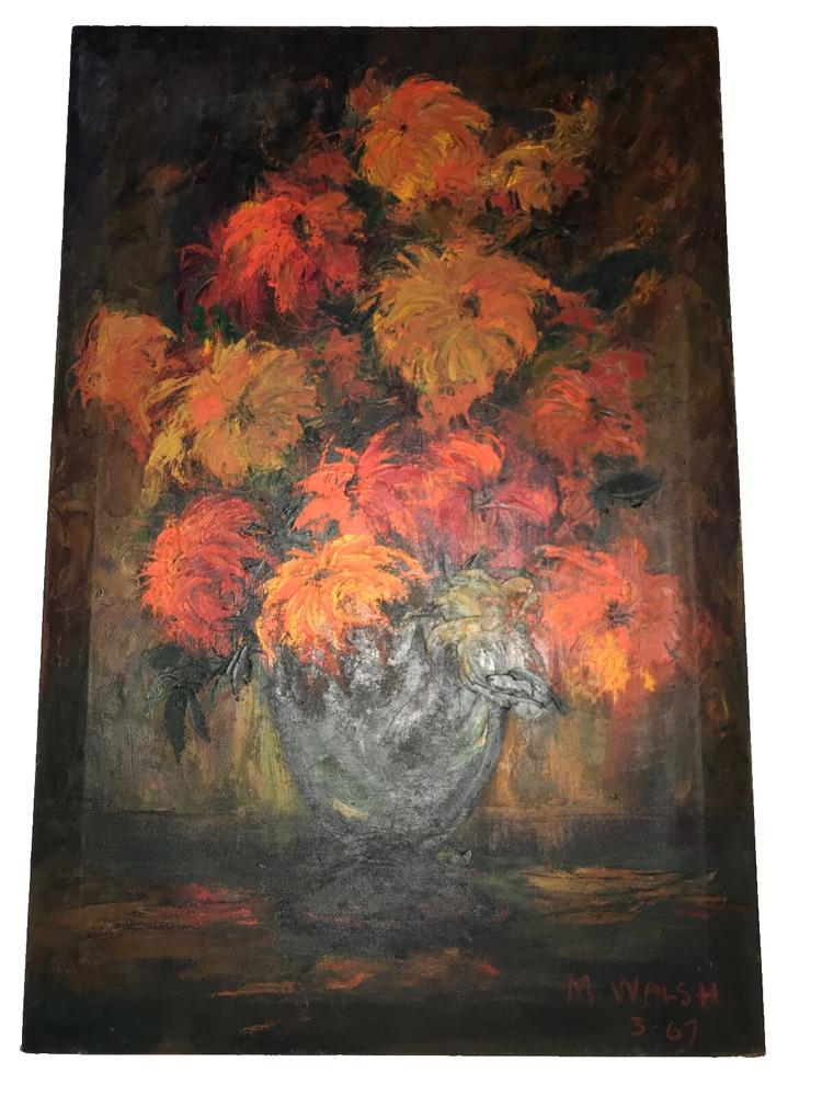 VINTAGE abstract floral flower original oil PAINTING by Walsh 67 modernism mums