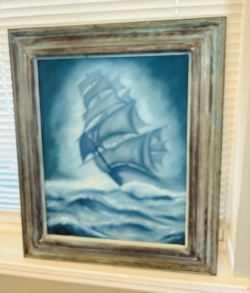 Signed Original Framed Oil Painting Sailing Ship Realism Moody Art 22.5×26.5”