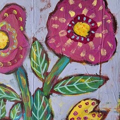 Folk Art ORIGINAL Bird Botanical Flower Vase Pot Botanical Whimsy Leaf Pink