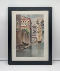 Framed Venetian Canal Painting Gondolas & Bridge Italy Cityscape Wall Art