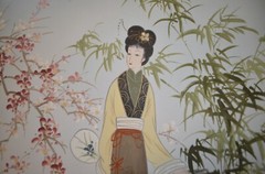Japanese Asian Geisha Cherry Bamboo Art 20″x24″ Signed Original Painting VTG 80s
