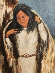 Oil painting of Native American mother and child by Darwin, dated 1991.