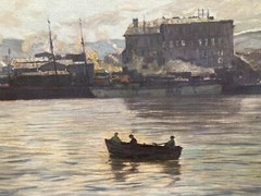 LEOPOLD BERAN INDUSTRIAL PORT SEASCAPE TONALIST MID CENTURY ANTIQUE OIL PAINTING
