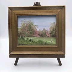 Miniature Oil Painting Spring Pasture Fence Landscape w Stand Signed 6.5×5.5 in