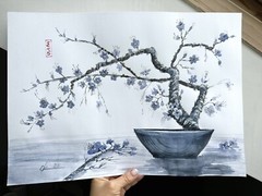 Original paintings Cherry Blossom bonsai oriental japanese chinese brush sumi-e