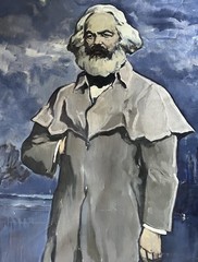 Old USSR Hand PAINTING /MARX in Coat/ portrait OIL Canvas 6ft=1.8m SIGNED 1956